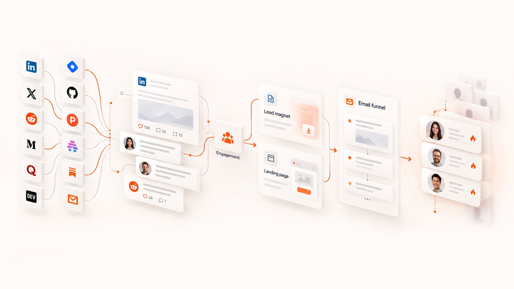 The inbound process: publishing platforms and engagement feed a lead magnet and landing page, which feed an email funnel that warms identified buyers