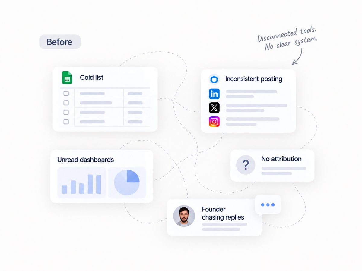 Disconnected tools: cold lists, inconsistent posting, unread dashboards, no attribution